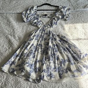 Bardot Cut Out Summer Dress Danish Style Blue + White Pattern